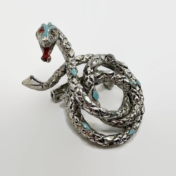 Snake Brooch, Enameled, Silver Tone, Blue, Vintage, 1 3/4" Long, Serpent - Picture 1 of 4